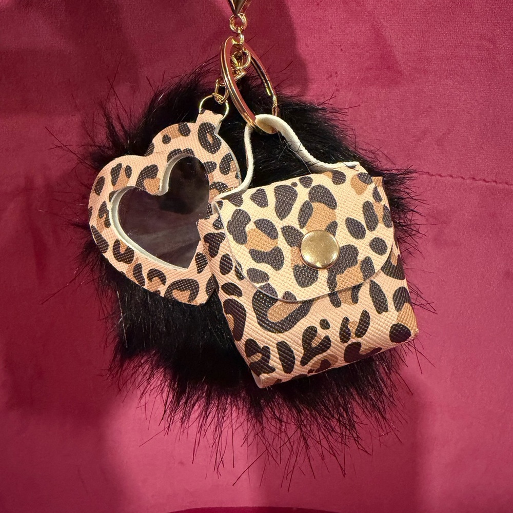 Leopard Print Heart Mirror and Mini Pouch Keychain/bag charm with Black Faux Fur